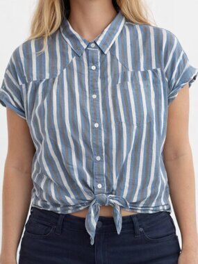 Forever 21 Button Front Shirt Womens Large Blue Stripe Boxy Tie Beach Coastal